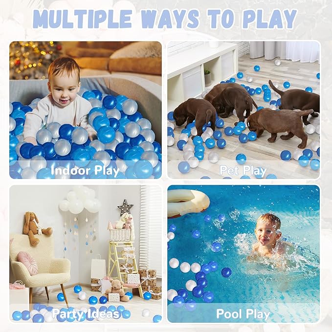 100 Ball Pit Balls for Toddlers, Phthalate & BPA Free Plastic Balls, Crush Proof 2.16" Colorful Balls for Ball Pit Play Toys for Kids with Storage Bag (Pearl Blue, Light Blue, White)