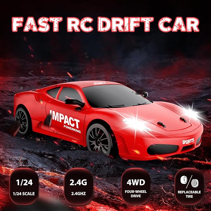 RC Drift Car, 2.4ghz 1/24 High Speed Remote Control Car RC Cars Drifting RC Car Racing Car Model Vehicle, 4WD Fast Drifting Toy Car with LED Lights for Boys Girls Adults (Red)