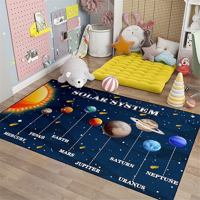 Universe Planet Area Rugs Outer Space Rugs for Boys Bedroom Educational Sofa Floor Mat Galaxy Solar System Theme Throw Rugs for Indoor Outdoor Carpets Crystal Polyester Mats Oversized, 5'×7'