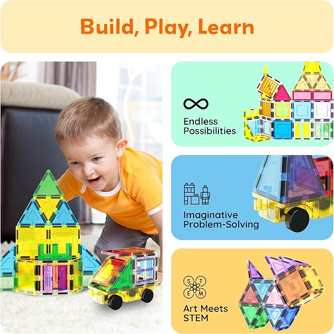 PicassoTiles Magnetic Tiles 61pc Magnet Tile Building Blocks Construction Sensory Toy Set with Storage Carry Case Drawstring Bag STEM Kids Learning Educational Pretend Play Boy Girl Ages 3+ & Up PT05