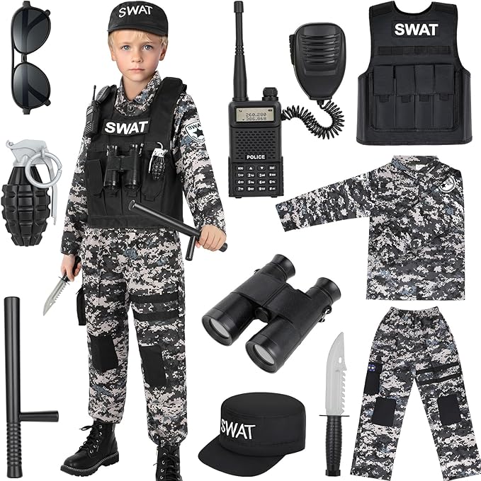 Luucio SWAT Police Officer Costume for Kids, Police Costume for Kids with SWAT Costume, SWAT Vest, Halloween Costume for Boys, Role Play Kit for Boys Girls