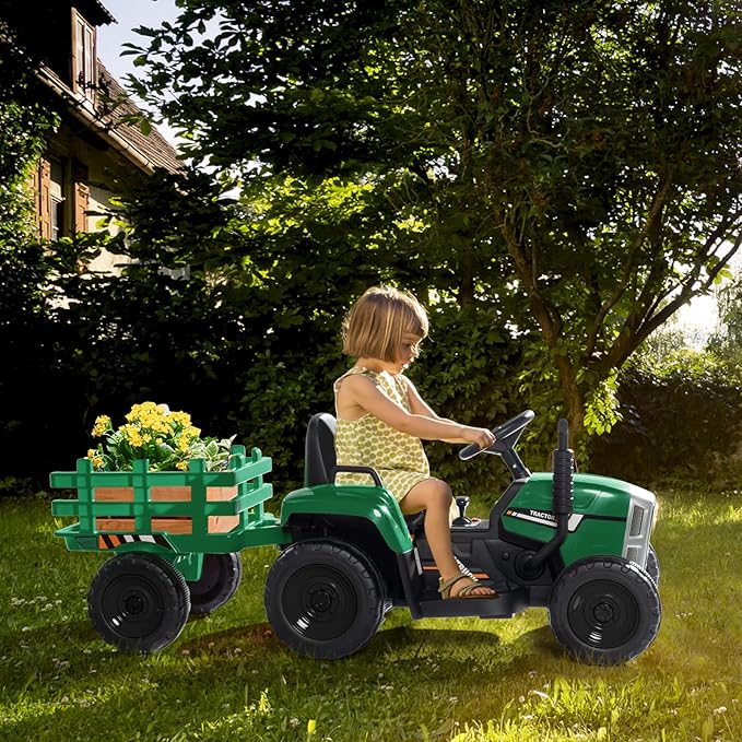 JOYMOR Ride on Tractor with Remote Control, 25W Motors Electric Tractor with Trailer for Toddler, 12V Battery Powered Ride on car Toy for Boys and Girls