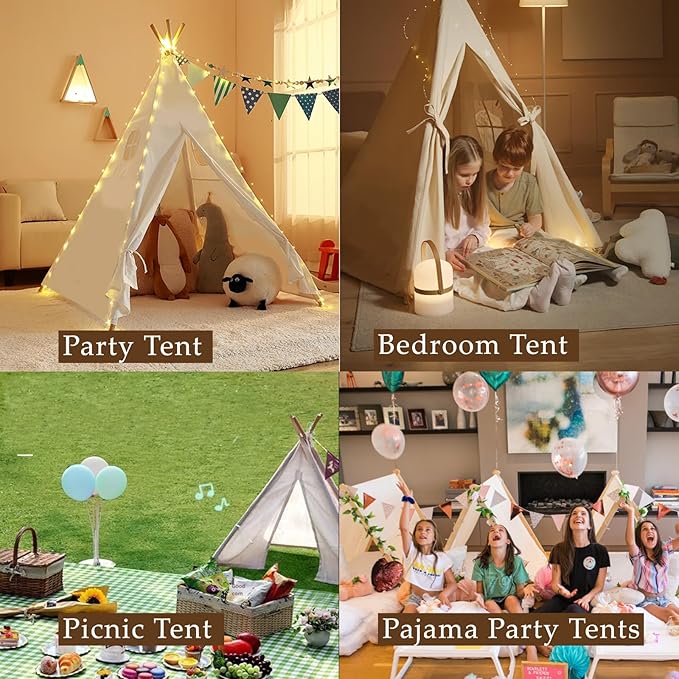 12 Packs Teepee Tent for Kids with 10FT String Lights, Play Teepee Tent for Girls & Boys, Indoor Outdoor Foldable Tents for Birthday Party Boho Sleepovers Party Pajama Party (White)