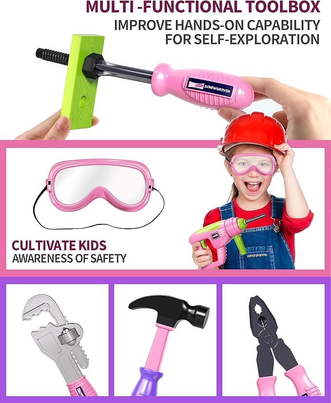 Deejoy Tool Set with Tool Box & Electronic Toy Drill, Pretend Play Kids Construction Kits for Kids Ages 3-5 Years Old, Toddler Tool Set(Pink)