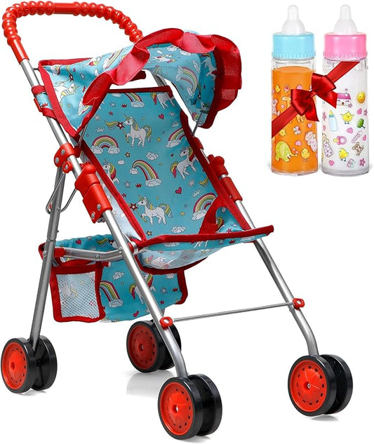 Fash N Kolor® Doll Stroller with Doll Feeding Bottles for Toddlers Boys, Girls, Little Kids - Toy Stroller with Bottom Storage Basket, Foldable Frame, Canopy, Seatbelt, Dolls Gift