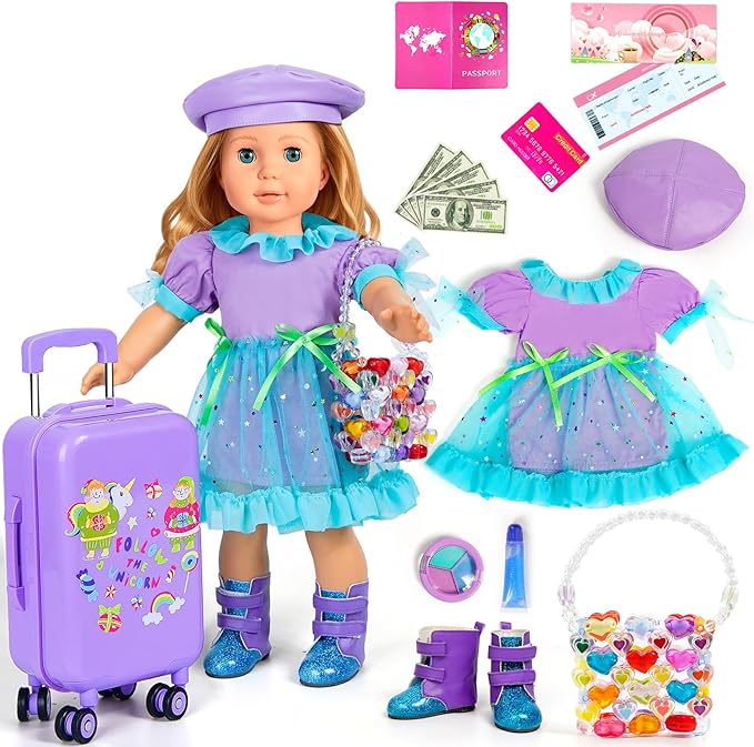 18-inch-Doll-Clothes and Accessories - Doll-Travel-Suitcase Luggage, Clothes and Shoes, Handbag, Berets,Passport, Notebook, Travel Gear Play Sets(No Doll)