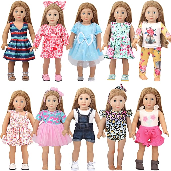 10 Sets of 18 Inch American Doll Clothes, Including 10 of Doll Clothing Dress Outfits for Gift Dolls, Birthday Gifts for Kids