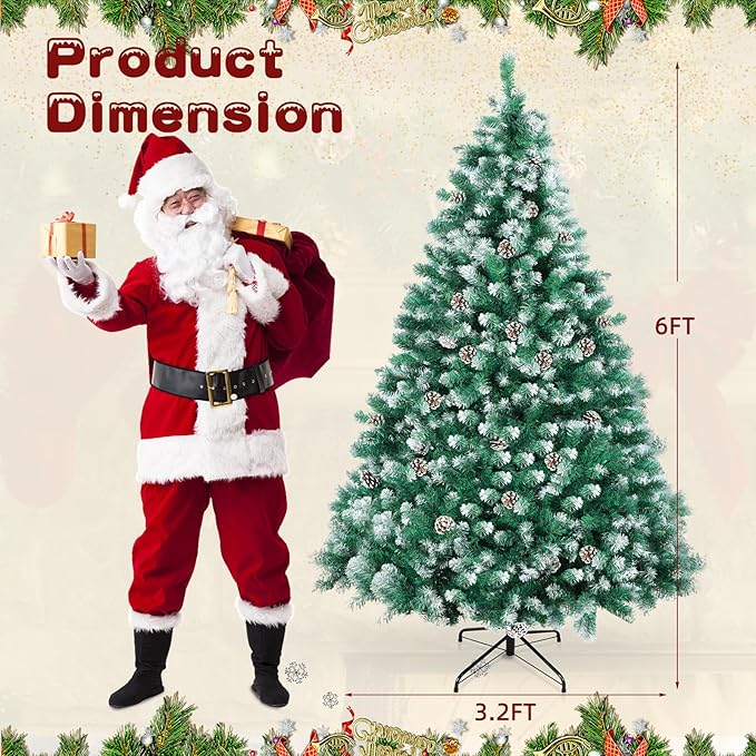 6Ft Christmas Tree,Green Artificial Hinged Holiday Christmas Pine Tree with Pinecones,Xmas Tree w/1400 Snow Flocked Branch Tips for Home,Office,Party Decoration