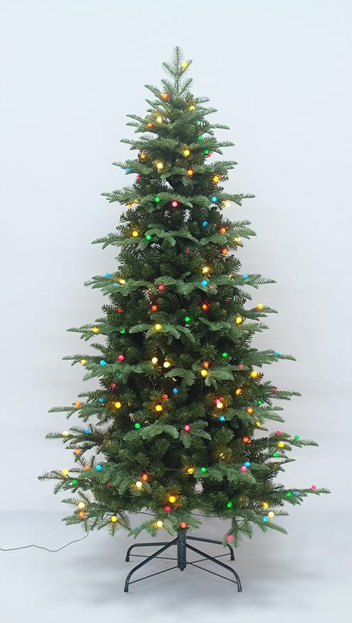 4Ft Prelit Artificial Christmas Tree, Lighted Aspen Fir Christmas Tree with Multicolor Global Lights and Metal Stand, Slim PE & PVC Mixed Layered Xmas Tree for Holiday Home Decor