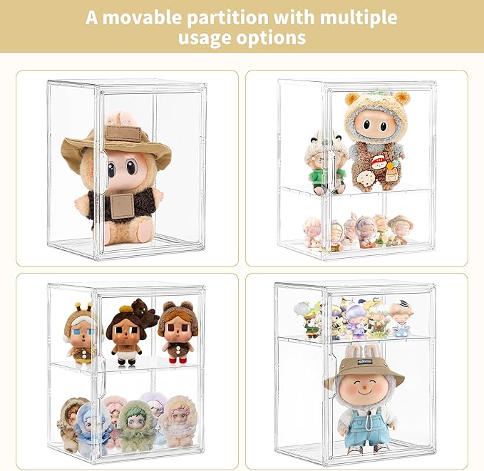 Acrylic Display Case for Collectibles, Clear Storage Bin with 3 Adjustable Layers and 1 Removable Divider, Stackable Clear Storage Box with Magnetic Door for Figures, Home or Office,Large