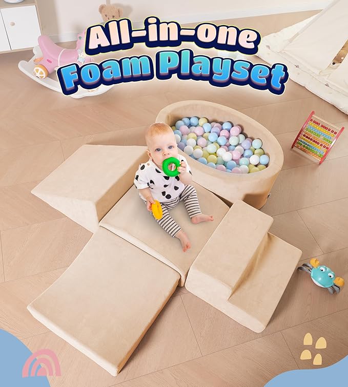 Foam Climbing Blocks with Ball Pit Designed for Toddlers Aged 1-3 -Great for Indoor Crawling, Inside Foam Playground Set for Little Ones to Active Playing -(Balls NOT Included) Beige