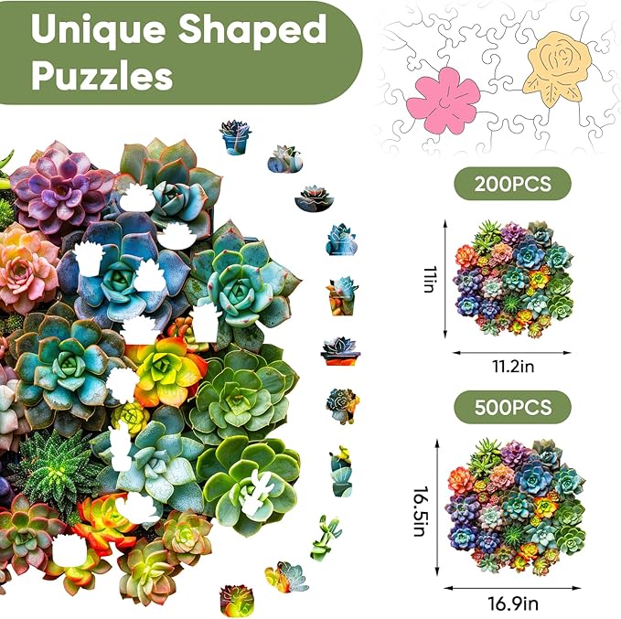 delobi Succulent Plants Wooden Puzzles, 200 Pieces Jigsaw Puzzles 11.2'' x11'', Unique Design Liberty Wooden Puzzles for Adults and Kids, Family Game Gift Medium Size