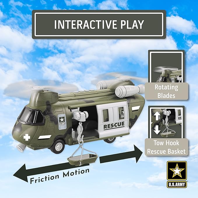 Lollipop United States Army Helicopter Toy, Military Rescue Copter w/Lights, Sound & Accessories, Soldier Transport Aircraft Model, 3+