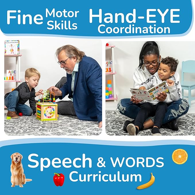TOYVENTIVE Wooden Activity Cube, Montessori Toys, Multipurpose Educational Sensory Toy for 1-2 Year Old Baby, Toddler, Kid, Boy | Birthday Gift | Bonus First Words Book
