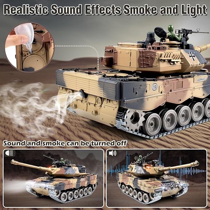 1:18 RC Tank, 2.4Ghz Metal German Leopard II Remote Control Model Toy That Shoots BBS and Water Bombs, RC Military Vehicle for Adults and Kids, Army Toy Tank with Smoke, Sound, Recoil, Lights