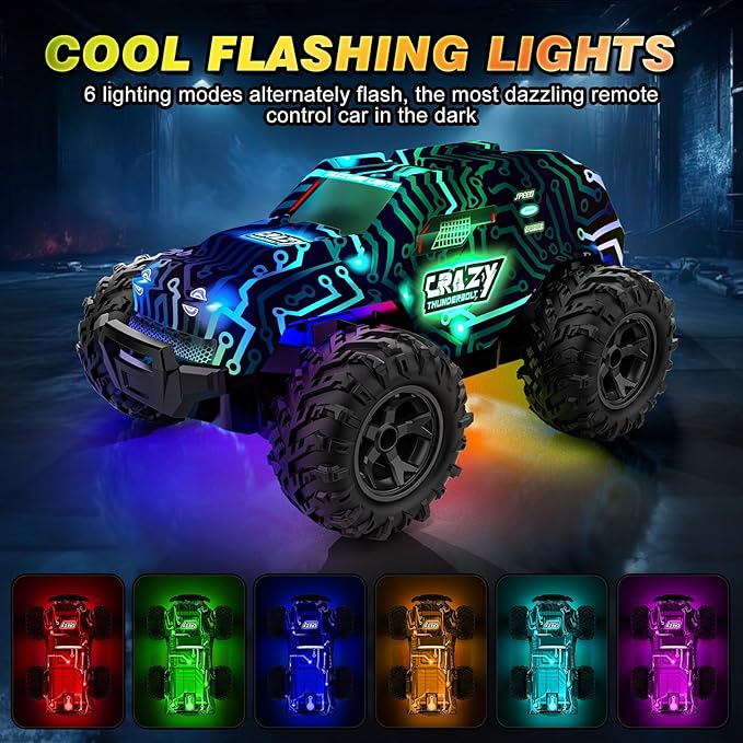 BLUEJAY 2.4GHz High Speed RC Car, Offroad Monster Hobby Racing Car with LED Colorful Bodylight and Rechargeable Battery, Kids Toy Gifts 3-8 Years
