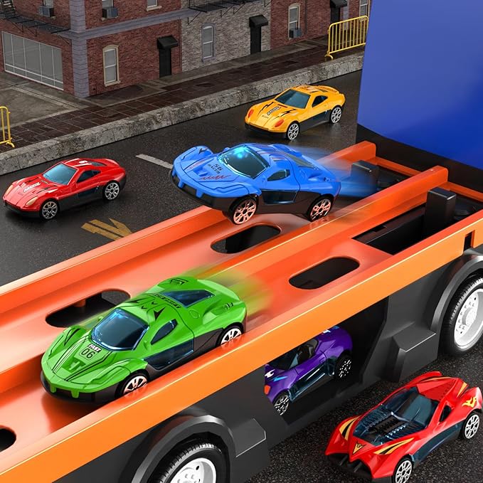 78-Inch Cars Trucks Toys for Toddlers 1-3 2-4 3-5 4-7 Years Old Boys Kids, Transport Truck with 24 Pcs Die-Cast Cars, Toy Gifts for 3 4 5 6 Year Old Boys, Toddler Gift Toys Ages 3-5 4-7