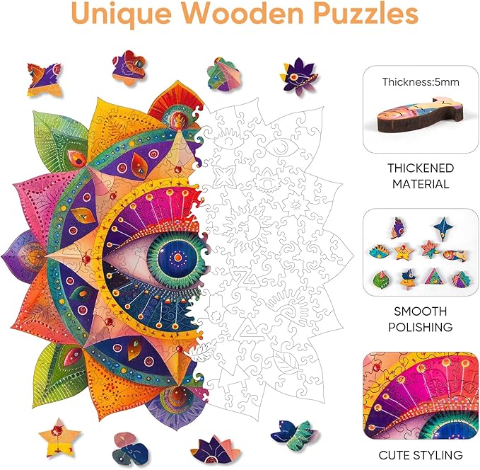 Mandala Wooden Puzzles for Adults, 500 Piece Unique Shaped Wood Evil Eye Jigsaw Puzzles for Adults and Kids, Fun Challenging Puzzles Family Game Gift, 16.5'' x 16.4''