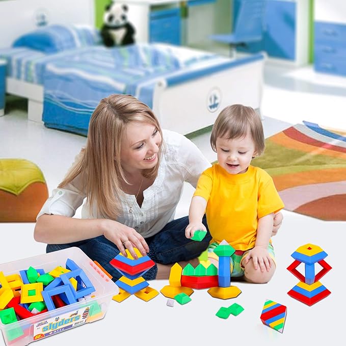 Slyder Set: 60 Pieces 3D Pyramid Building Blocks, Geometric Stacking Toys for Kids Ages 4+ - Creative Early Childhood STEM Educational Toys for Preschool Boys and Girls