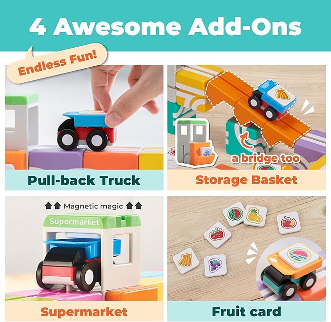 QBI Magnetic Blocks for Toddlers Ages 2-4|STEM Magnetic Building Blocks with Trucks & Fruit Plates|Montessori Magnet Building Cubes for Kids|Educational Gifts for Boys & Girls Ages 2+ (32PCS)