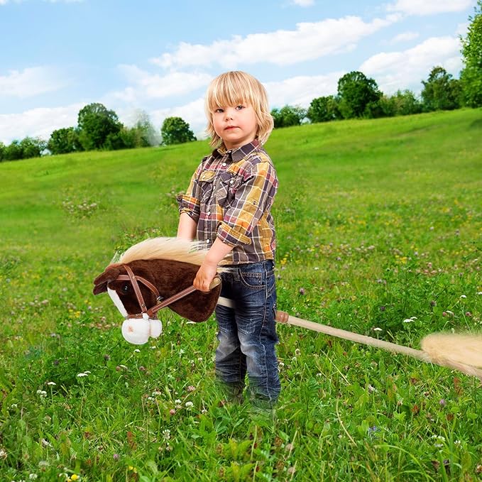 Plush Stick Horse with Wood Wheels Real Pony Neighing and Galloping Sounds Toy, Horse on A Stick Provides Fun Pretend Play for Toddlers & Preschoolers (AA Batteries Required)