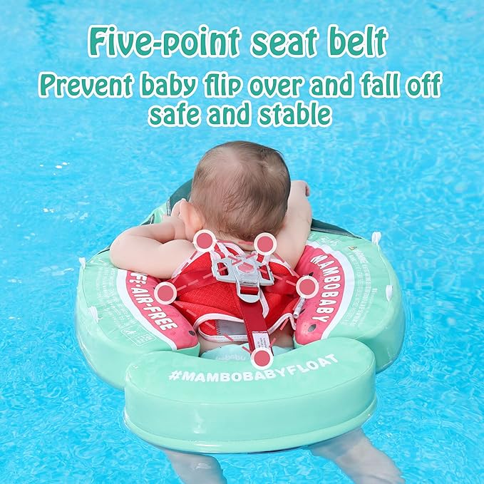 Mambobaby Float Add Tail Baby Swim Float with Canopy Solid Pool Infant Swim Trainer Swimming Training Lying Air Free Water Floats Non-Inflatable Waist Swim Ring for Toddlers (Watermelon)