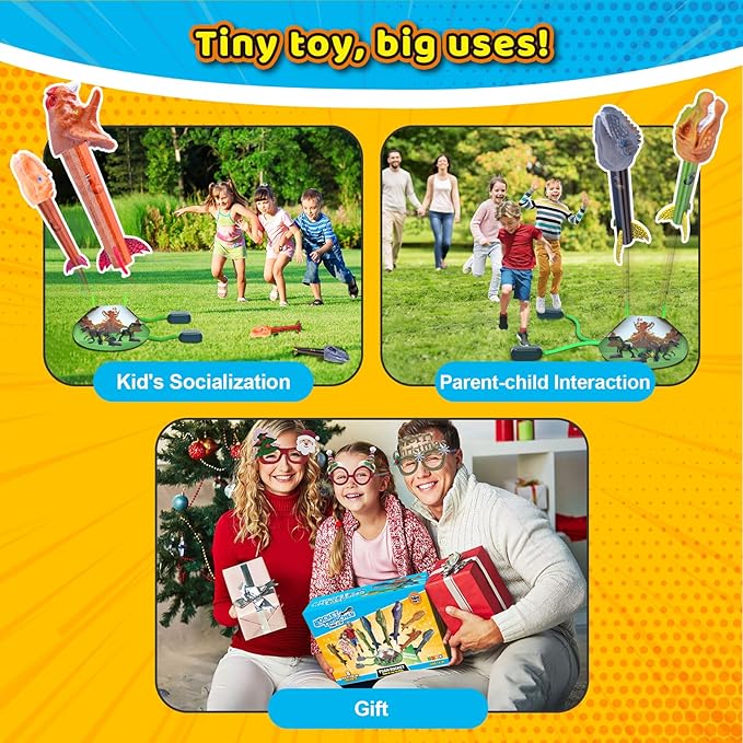 Dinosaur Toys Rocket Launcher for Kids, 8 Rockets with 2 Launcher Pads, Launch Up to 100 Ft, Outdoor Toys, Birthday Gifts for 3 4 5 6 7 8-12 Year Old Boys Girls