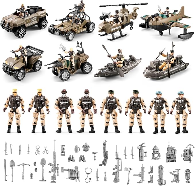56-in-1 Army Men Toys for Boys 4-7 6-8 8-12, Military Truck/Helicopter/Kayak Boat/Motorcycle/ Army Men Action Figures/Weapon Gears, Army Toys for Boys Kids Birthday Gifts Party Favors