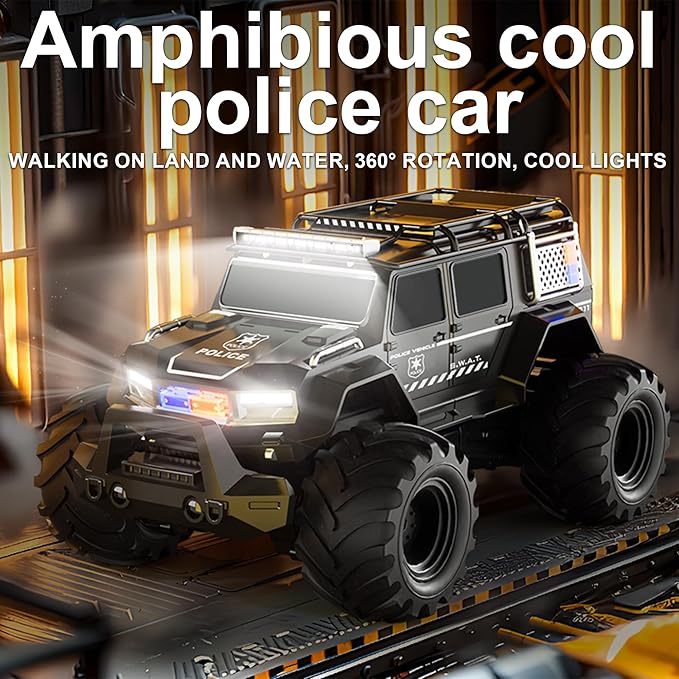 Threeking 1:14 Waterproof Remote Control Car RC Police Cars Trucks SUV Toys Amphipious Truck Toy with Siren Lights for 6 7 8 9 10 11 12 Year Old Kids Boys Girls Indoor Outdoor Toys Gifts Presents