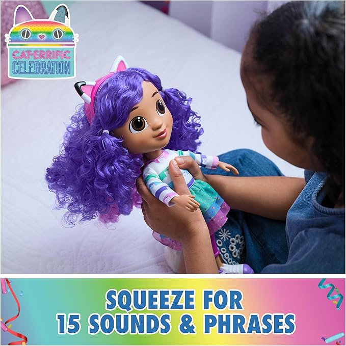 Gabby's Dollhouse, Sing & Celebrate Gabby Girl Doll, 13-Inches Tall with Sound Effects & Reversible Cat Ears, Kids Toys for Girls & Boys Ages 3+