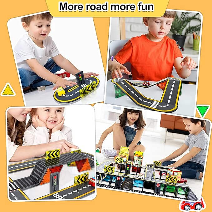 Upgraded Magnetic Tiles Road & Train Dual-Sided Expansion Pack, Magnetic Building Blocks Construction Toys for 3+Year Old Boys & Girls, Montessori Toys for Toddler, STEM Learning Gifts