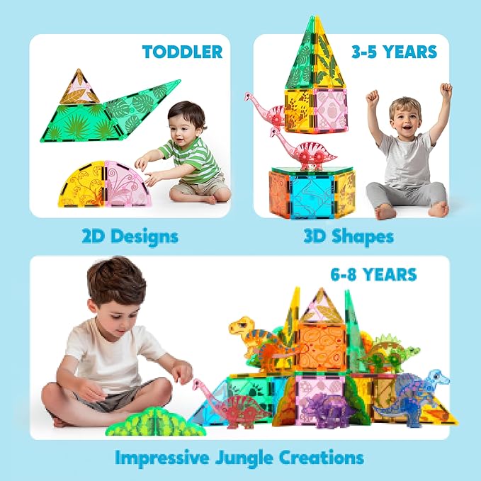 SYNCFUN Magnetic Building Tiles Dinosaur Set for Kids, 50PCS Including 5 Cute Dinosaurs, Educational STEM Toy for Boys & Girls Ages 3-5 4-8, Christmas Birthday Party Gift for Toddlers