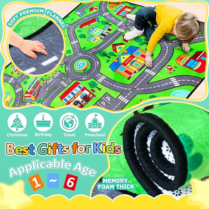 Kids Rug, City Road Rug for Kids, 4x6 Ft Car Rugs for Toy Cars, Realistic Colors Perfect for Children and Baby Playmat, Non-Slip Classroom Carpet