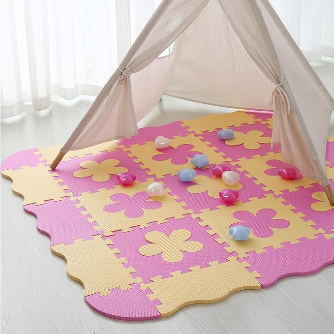 Foam Play Mat for Kids,25Pcs Square Interlocking Puzzle Floor Mat,Baby Play Mat Floor Mat Foam Puzzle Playmat for Toddlers with Fence(Pink Flower-CSH032