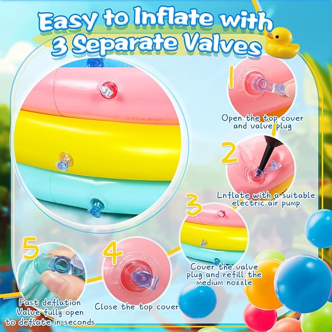 Jerify 3 Pack Pool for 45 x 10 Inch Inflatable Portable Round Paddling Pool 3 Rings Blow up Rings Round Padding Ball Pond for Indoor Outdoor Water Game Play (Colorful)