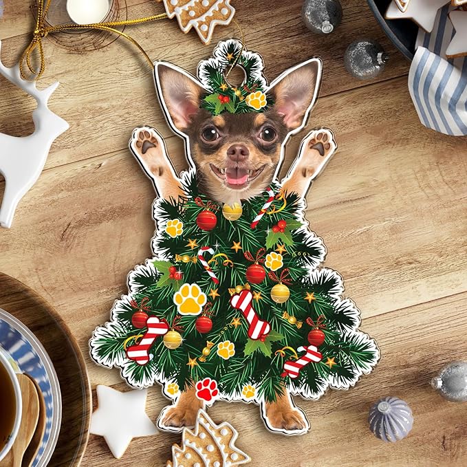 2025 Chihuahua Christmas Tree Acrylic Ornament - Cute and Festive Holiday Decoration for Dog Lovers - Chihuahua Christmas Xmas Gifts (Brown Chihuahua Xmas Tree)