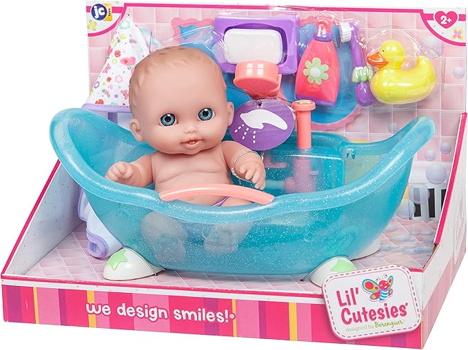 JC Toys Lil Cutesies 8.5" All Vinyl Doll and Real Working Bath Set | Posable and Washable | Removable Outfit | Bath with Play Accessories Ages 2+ , Blue