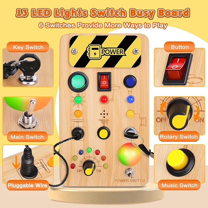 Busy Board Montessori Toys for Toddler, Wooden Sensory Board Switch Toy with Color-Changing LED Light Up Travel Toys Educational Plane Travel Activity for 1-6 Year Old Girls & Boys Gifts