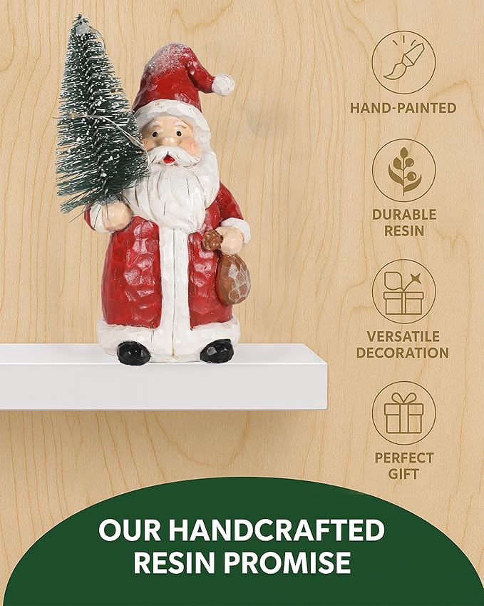 iStatue 2-Pack Lighted Santa Resin Figurines with Christmas Trees, 5" Mini Christmas Decorations, Battery Powered Warm White LED Hand-Painted Tabletop/Mantel Holiday Decor Gifts (Red Santa)