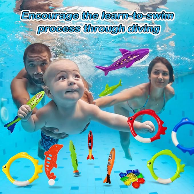 Jasonwell Pool Diving Toys Games - 42PCS Swimming Pool Toys with Dive Sticks and Rings Underwater Treasures Torpedo Bandits Fish Toy etc Fun Water Swim Toy for Boys Girls Adults Kids Teens