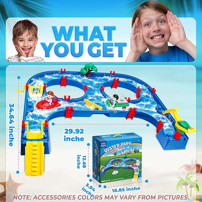 SANCO Water Table for Toddlers - Kids Water Track Playset 61PCS DIY Table Beach Toy on Backyard, Lawn, Pool - Water Toy with 4 Boats, Summer Outside Activity Funs for Toddler