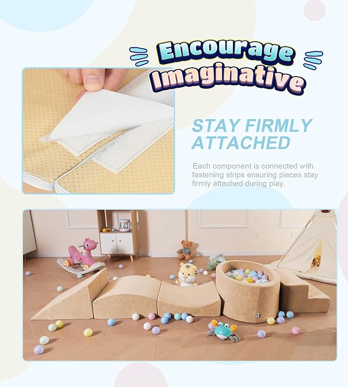 Foam Climbing Blocks with Ball Pit Designed for Toddlers Aged 1-3 -Great for Indoor Crawling, Inside Foam Playground Set for Little Ones to Active Playing -(Balls NOT Included) Beige