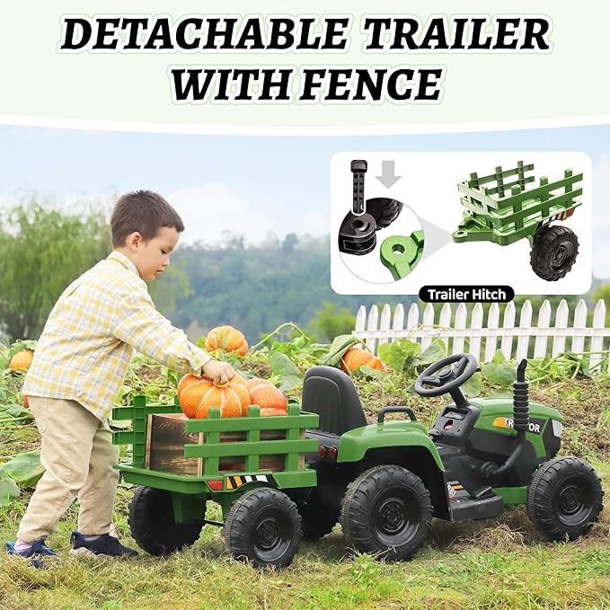 TOBBI Kids Electric Ride On Toy Tractor, 12v Battery-Powered 4 Wheels Ride On Car with Trailer, 35W Dual Motors/3-Gear-Shift/LED Lights/USB Audio Functions for Toddlers 3-6 Years-Dark Green