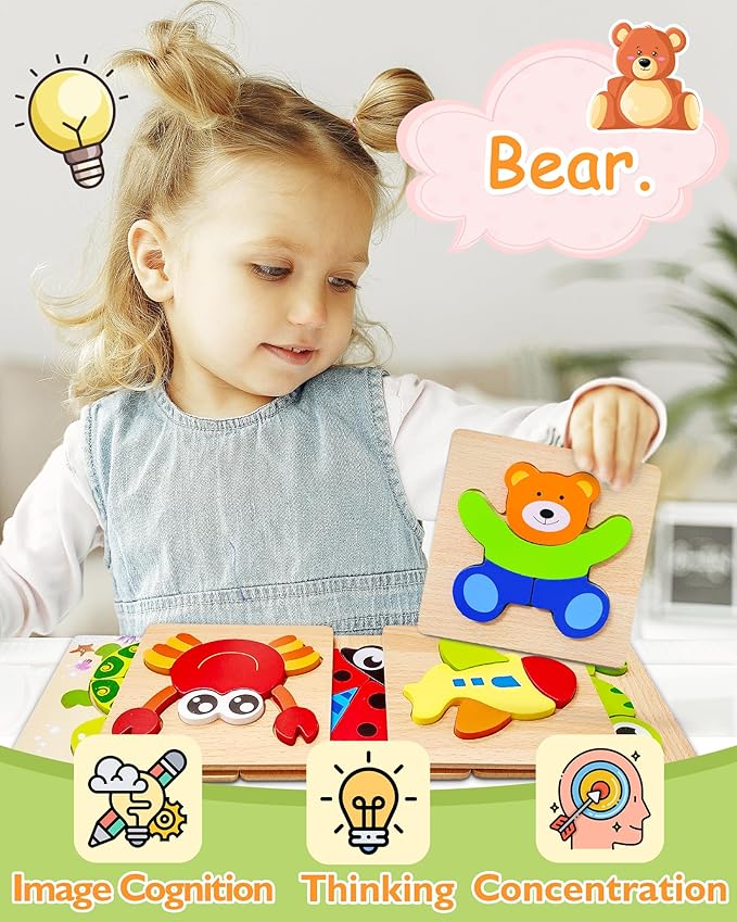 Bekayshad Wooden Puzzles Toddler Toys Gifts for 1 2 3 Year Old Boys Girls, 12 Pack Animal Jigsaw Puzzles Montessori Toys, Learning Educational Birthday Gifts for Girls Boys Ages 1-3