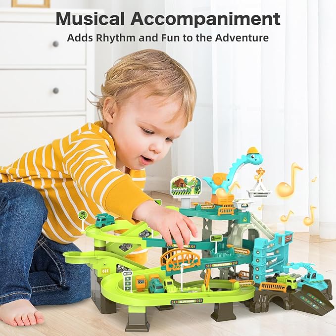 66PCS Dinosaur Engineering Adventure Track Set for Kids 3+,Electric Climbing Ladder Rotating Crane, Interactive Construction Playset with Music, 4 Mini Cars & 2 Dinosaur Figures, Ideal Gift