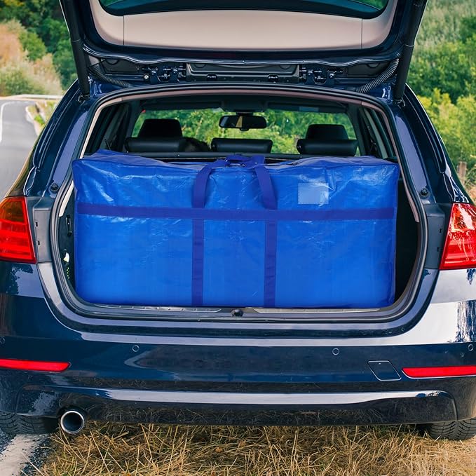 Windyun 4 Pack 69 Gallon Extra Large Storage Bags XXL Moving Bags with Zipper Handles Heavy Duty Jumbo Big Totes Box for Halloween Skeleton 4-12 Feet Christmas Tree Storage College Dorm Cloth (Blue)