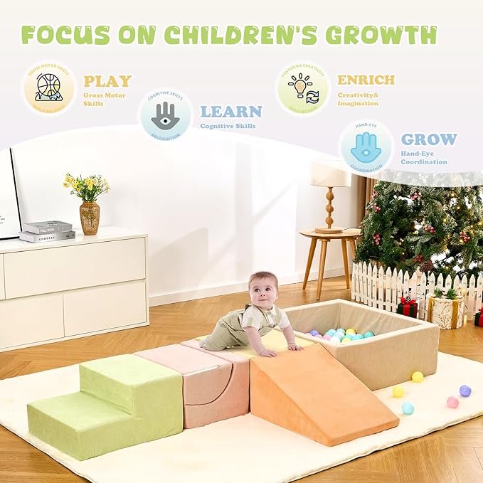 Climbing Toys for Toddlers 1-3 inside, Toddler Climbing Toys Indoor, 5-Piece Foam Climbing Blocks with Ball Pit (Balls not Included), Toddler Climber Indoor Foam Play Gym for Climbing Crawling Sliding