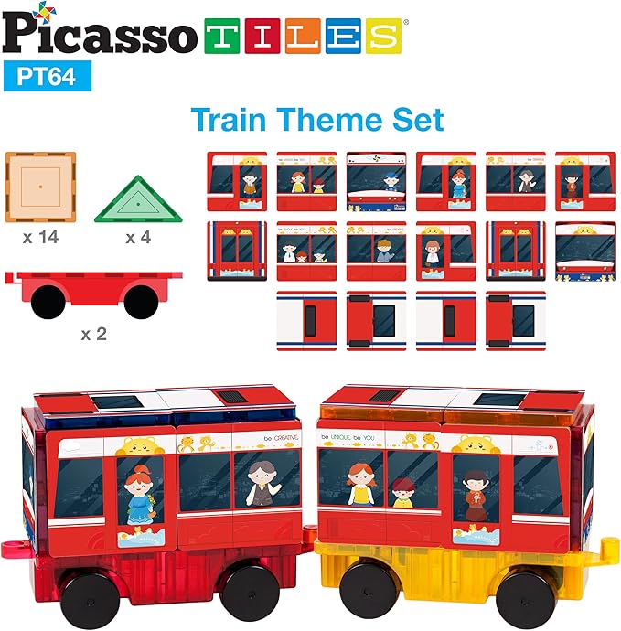 PicassoTiles Magnet Building Blocks STEM Learning Construction Toy Set Early Education Kit 3-in-1 Rocket, School Bus, Train Theme Stick-On Puzzle Pretend Play Magnetic Tiles Kids Building Block Toys