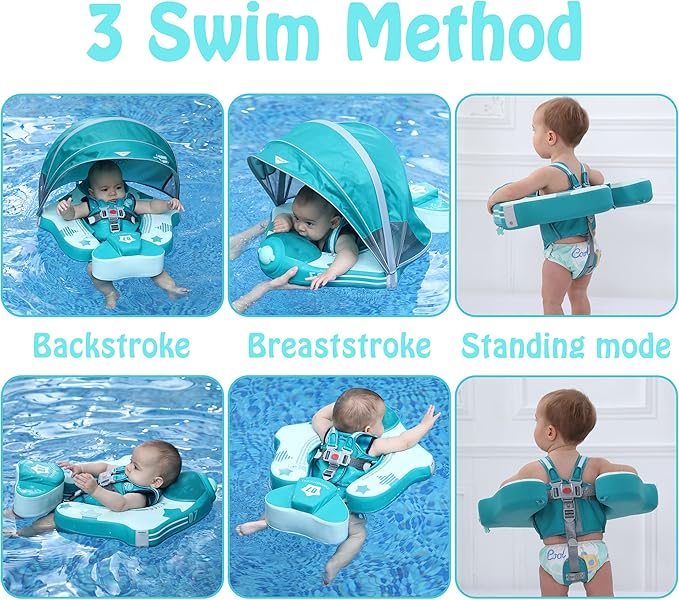Mambobaby Float Add Tail Baby Swim Float with Canopy, Non-Inflatable Solid Baby Float, Upgrade Soft Waterproof Skin-Friendly Leather Material Infant Swim Float (Global Limited Edition - Green)