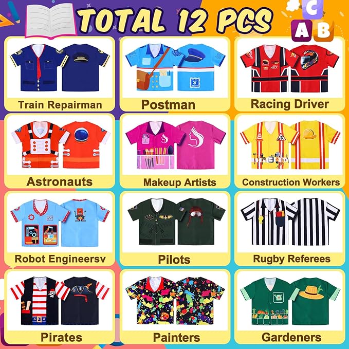 Jiuguva 12 Pcs Role Play Costume Dress up Clothes Cosplay for Kids Community Helper Career Costumes Pretend Play Astronaut Construction Worker Racer Engineer Pirate Painter